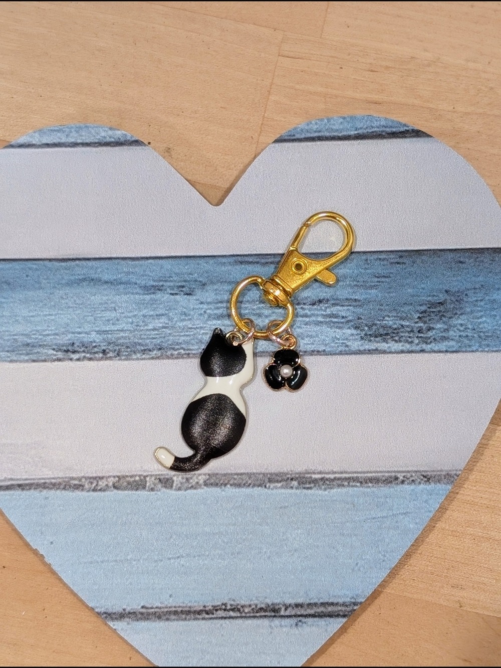 Gold Clip Black and White Cat Keychain Charm
